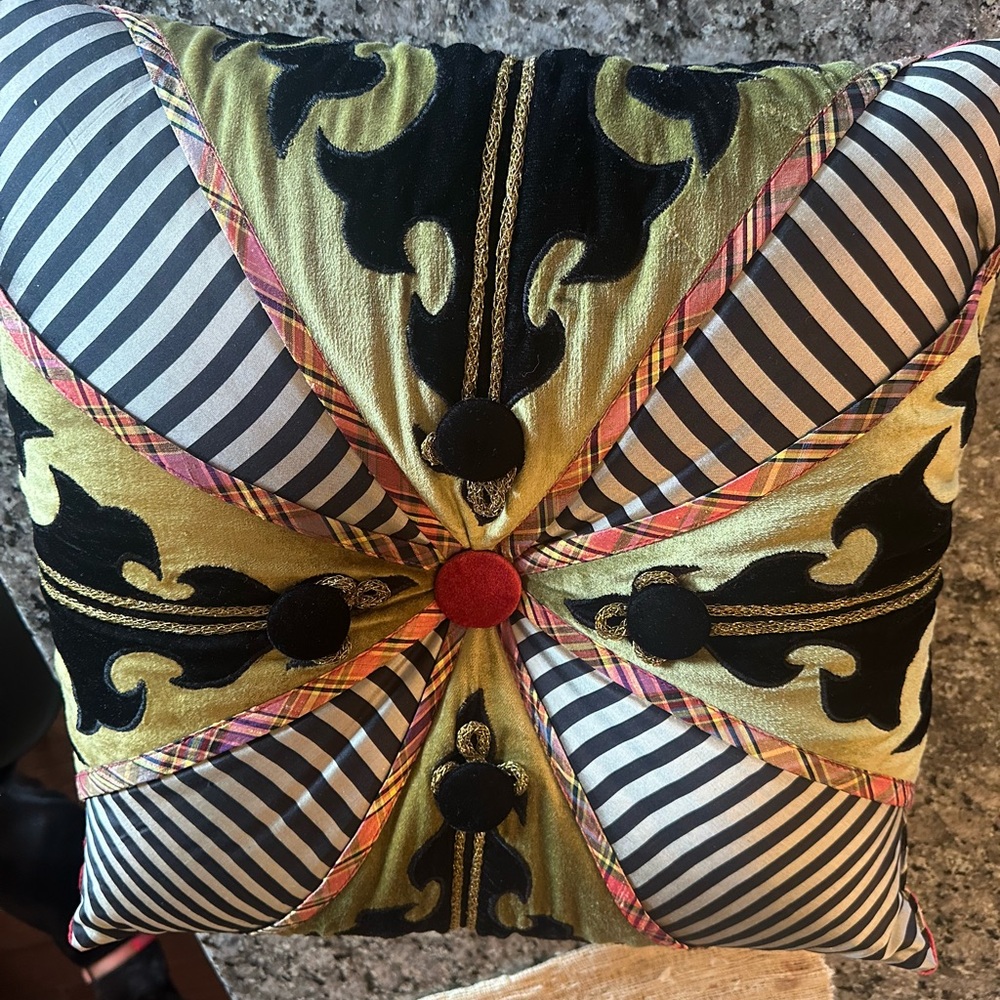 Mackenzie Childs Decorative Pillow with Black and Gold Accents